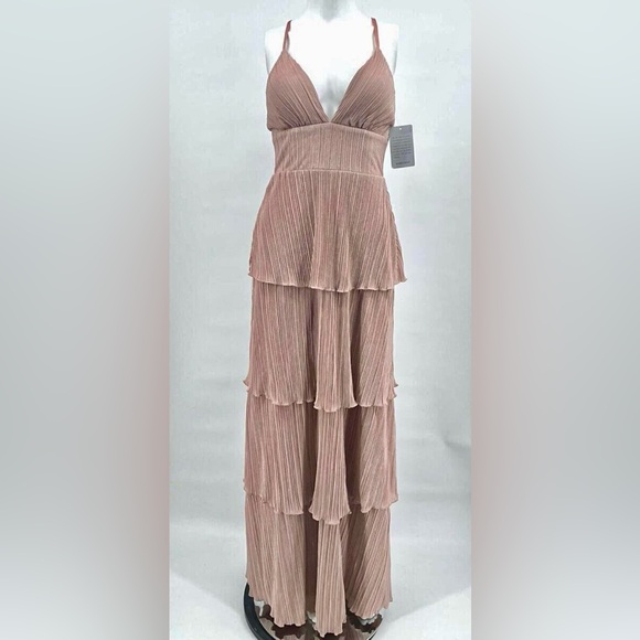 Dusty light pink Rose gold tiered layered maxi cocktail evening party gown dress - Picture 3 of 10
